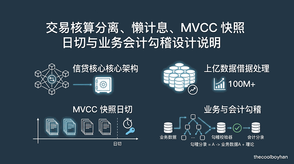 Featured image of post 交易核算分离、懒计息、MVCC 快照日切与业务会计勾稽设计说明