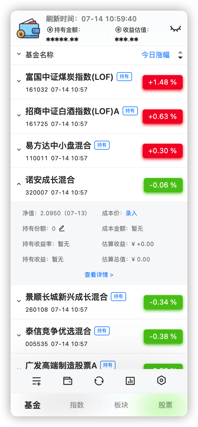 基金列表与今日涨幅